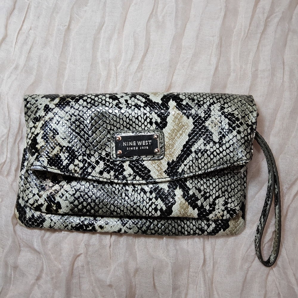 Nine West Snake Print Clutch - Black and Cream